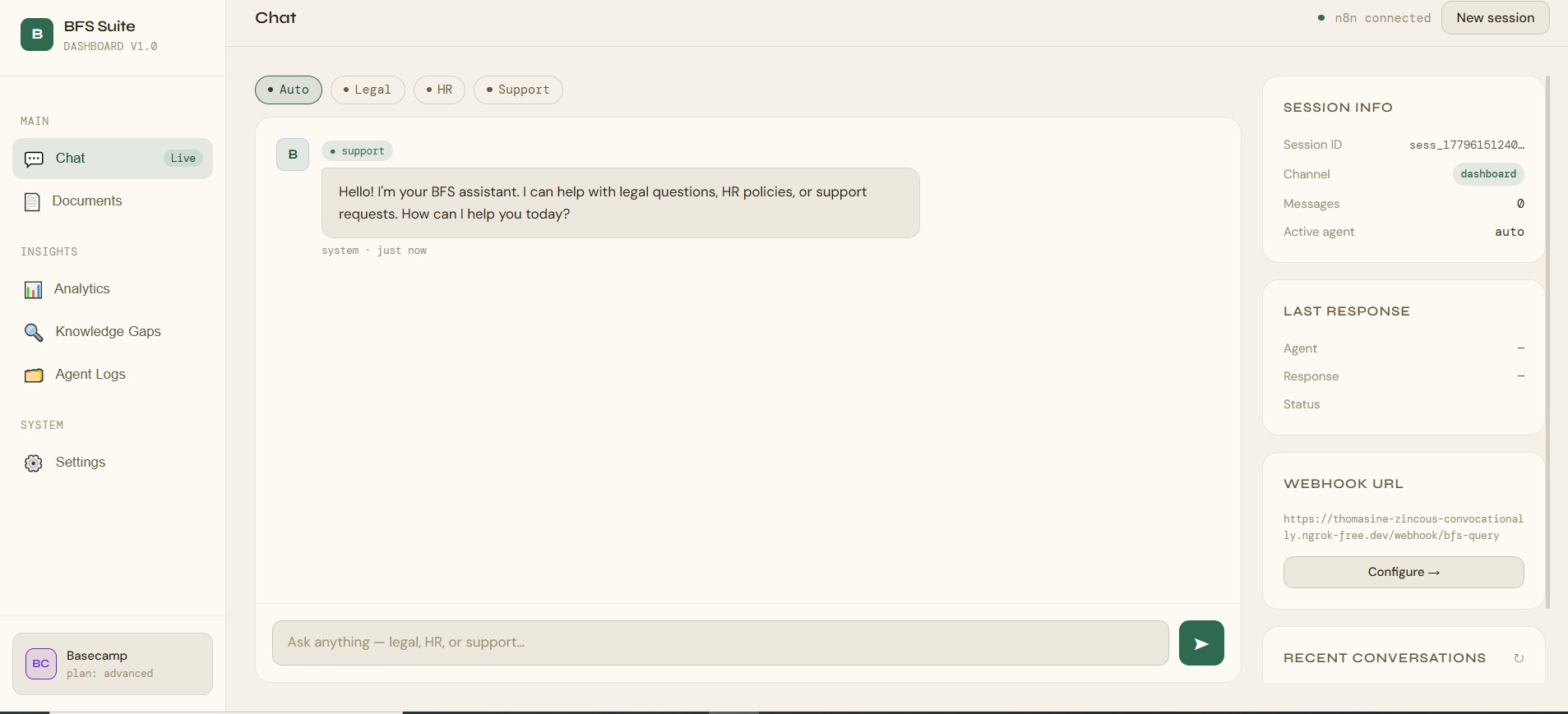 BFS Suite dashboard — multi-agent chat with Legal, HR and Support, analytics and knowledge-gap detection